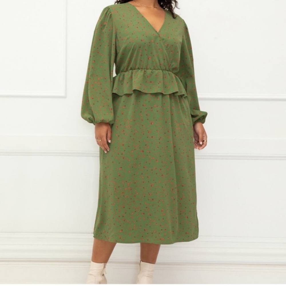 Eloquii Elements Green Patterned Peplum Dress Sz … - image 1